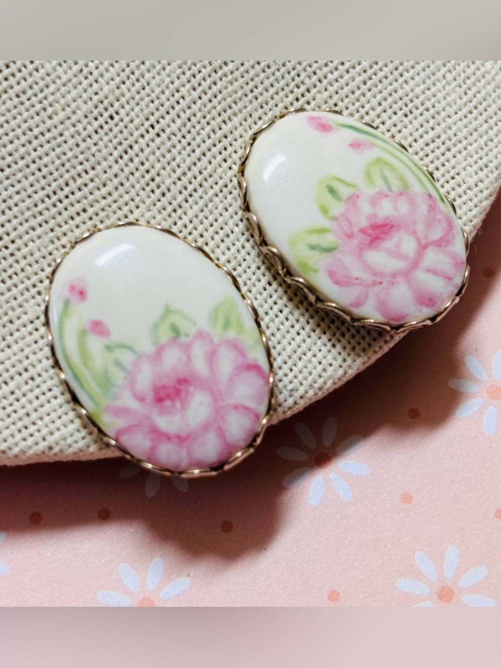 Vintage Cottage-core Coquette Pink Floral Porcelain Earrings